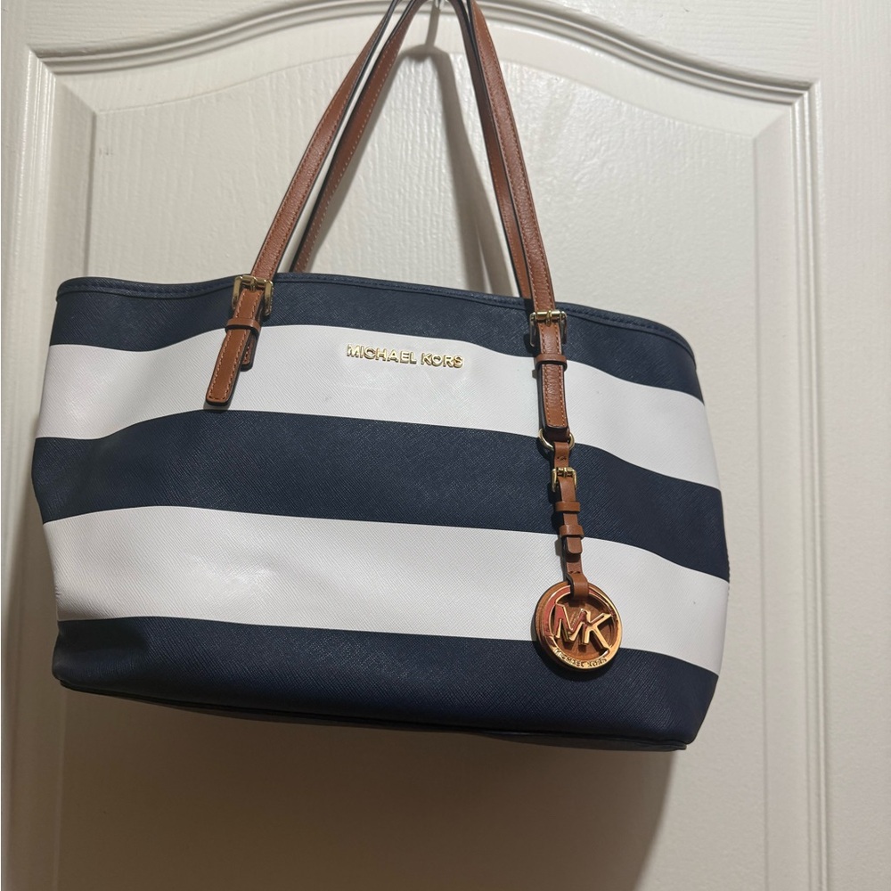 Michael Kors Navy White Striped Tote with Brown Handles. Purse and wallet.